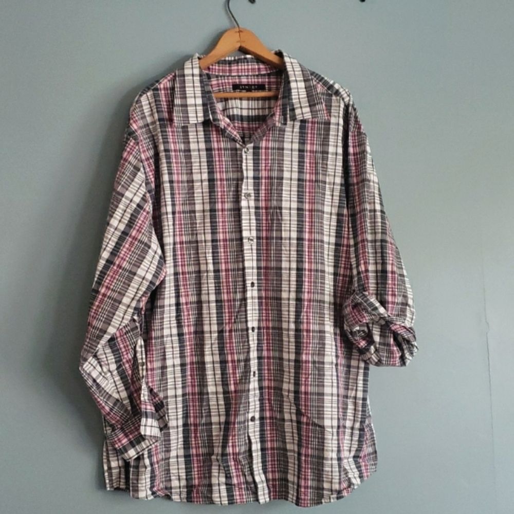 🛍️5/$20🛍️ Synrgy Long Sleeve Checkered Button Down 2XL NWOT Pink, Gray, White
